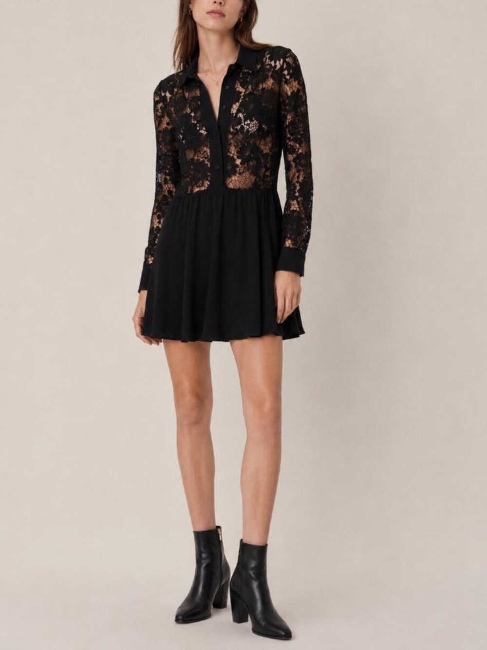 Sandro Paris Long Sleeve Mini Dress Black US Size 4 Guipure Lace Floral Collared